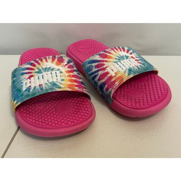 PUMA girls size 2 pink slide tie dye swirl color yellow blue slipper flip flop - Picture 1 of 9